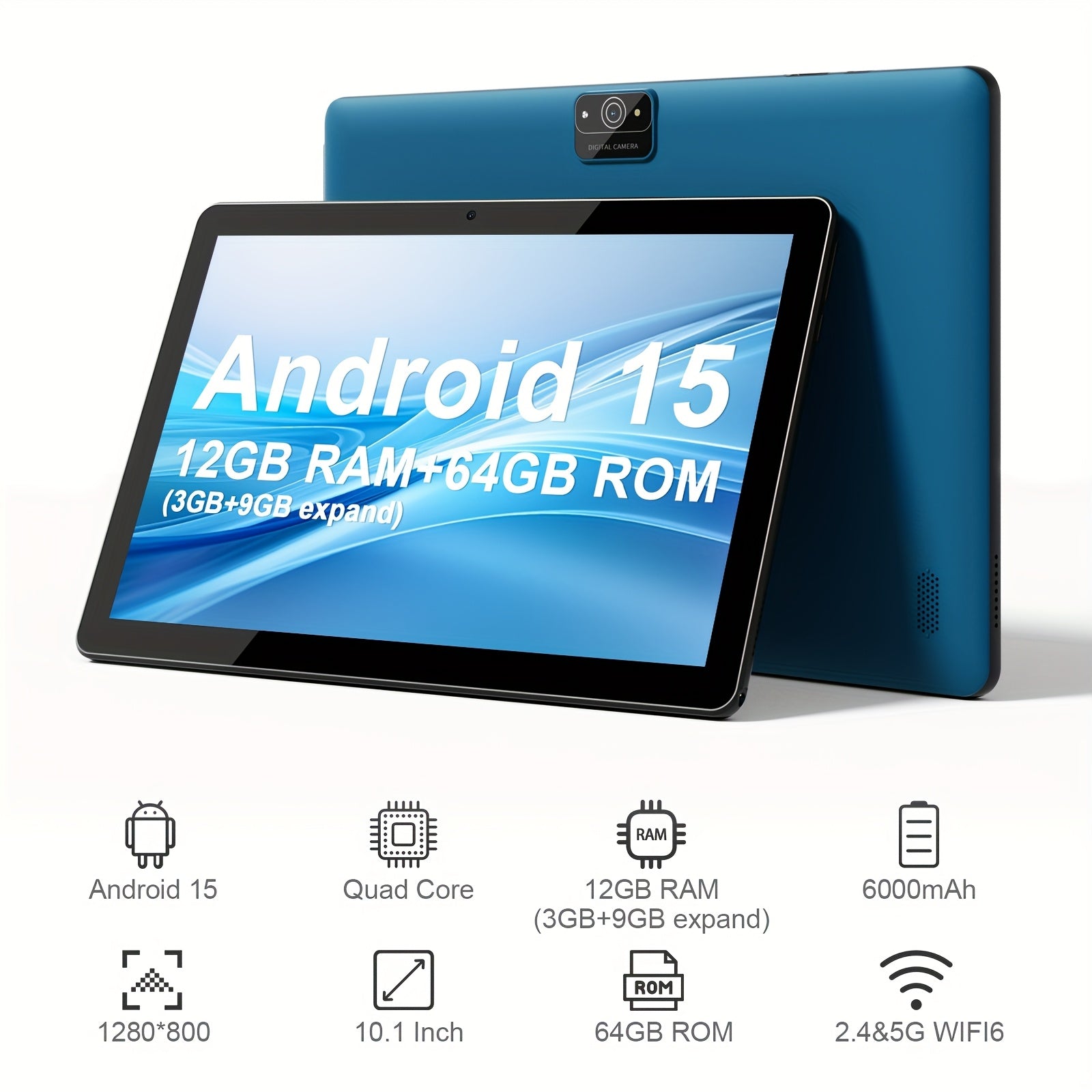 Android 2-in-10.1-inch, Equipped with The Latest Android 15 System, 64GB Storage Space, Supports 1TB Expandable Storage, 16GB RAM, 4GB + 12GB Expandable Memory, Comes with Keyboard Cover, Mouse, Stylus, Battery, Dual Front An