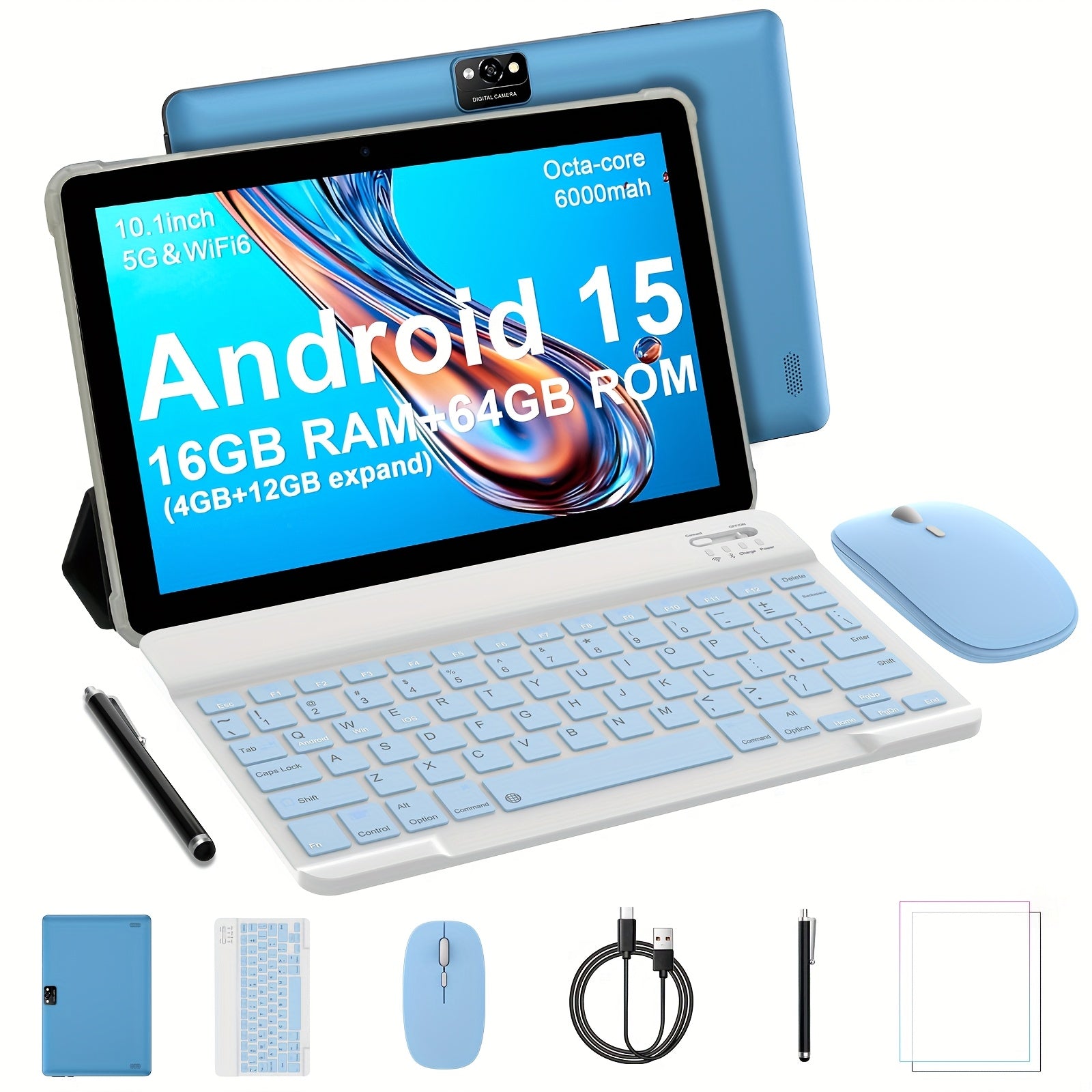 Android 2-in-10.1-inch, Equipped with The Latest Android 15 System, 64GB Storage Space, Supports 1TB Expandable Storage, 16GB RAM, 4GB + 12GB Expandable Memory, Comes with Keyboard Cover, Mouse, Stylus, Battery, Dual Front An