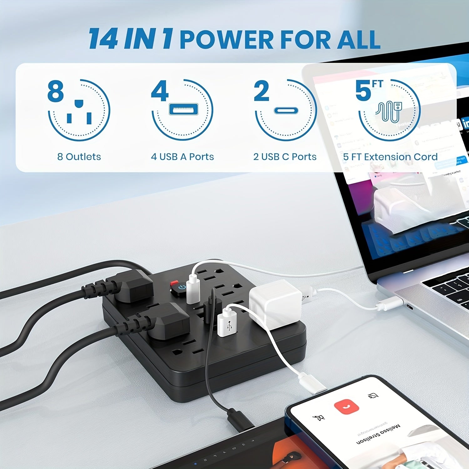 14in 1 Power Strip Surge Protector with 8 Outlets, 4 USB and 2 USB C Ports, Flat Plug, Wall Mount, Overload Protection Desk USB Charging Station for Home, Office