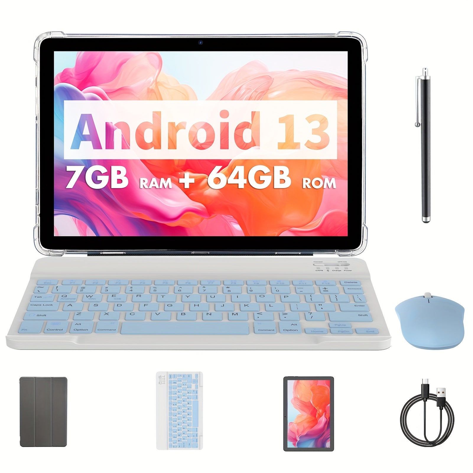 ROENLLCE 10.1" Tablet with Android 13 OS, Keyboard, Mouse, Case, Stylus, 7GB RAM + 64GB ROM, Dual 2MP Front & 8MP Rear Cameras, 1280x800 IPS HD Display, 2-in-1 Laptop Mode, Tablet, Pad
