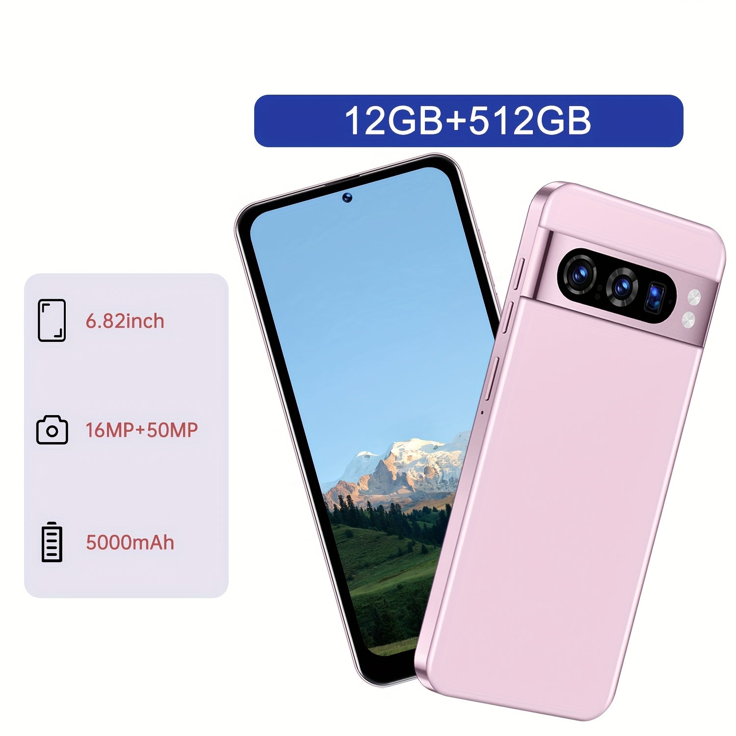Unlock 5G Android smartphone, dual SIM dual standby, 16+50MP camera, 6.82-inch touchscreen, 12GB RAM, 512GB storage space, GPS positioning, free phone case+protective film+wired headphones