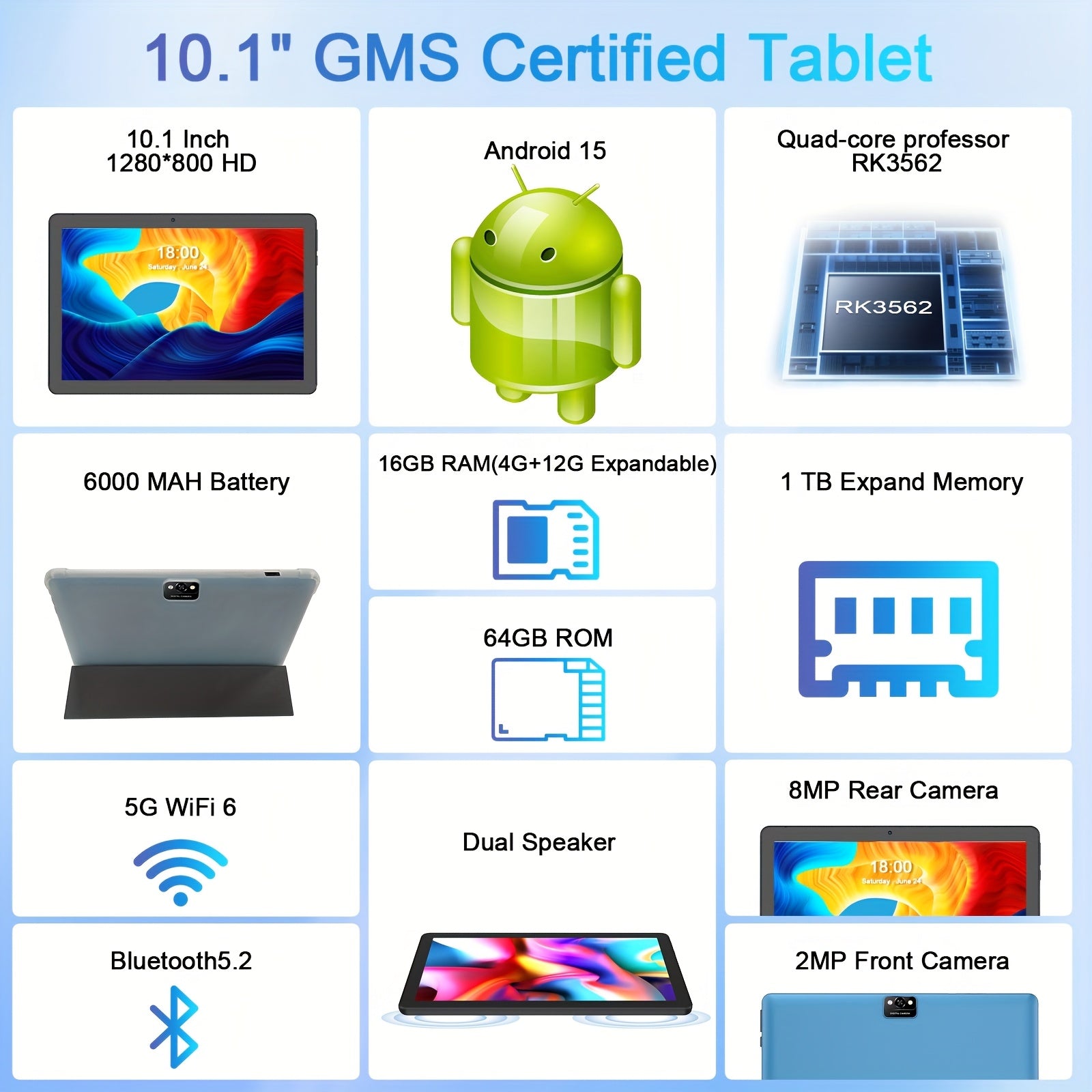 Android 2-in-10.1-inch, Equipped with The Latest Android 15 System, 64GB Storage Space, Supports 1TB Expandable Storage, 16GB RAM, 4GB + 12GB Expandable Memory, Comes with Keyboard Cover, Mouse, Stylus, Battery, Dual Front An