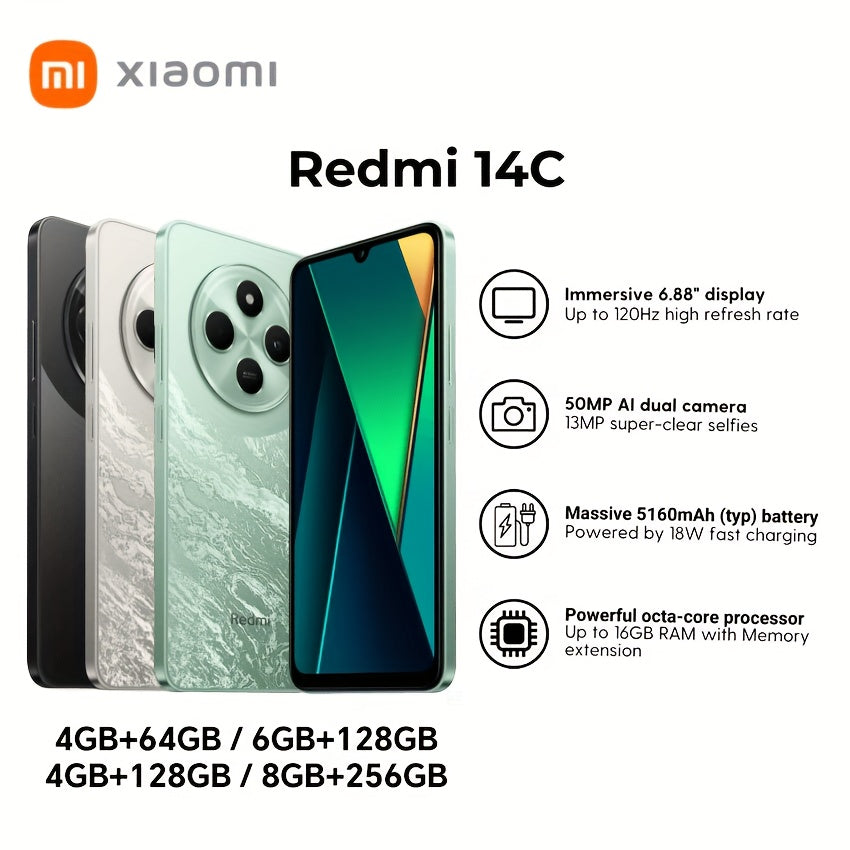 Xiaomi Redmi 14C 120Hz High-Refresh Rate Display, 13MP HD Main Camera, Large Battery, 6.88-Inch Eye-Protecting LCD Screen, Side Fingerprint Unlock, GPS Support, No NFC Function