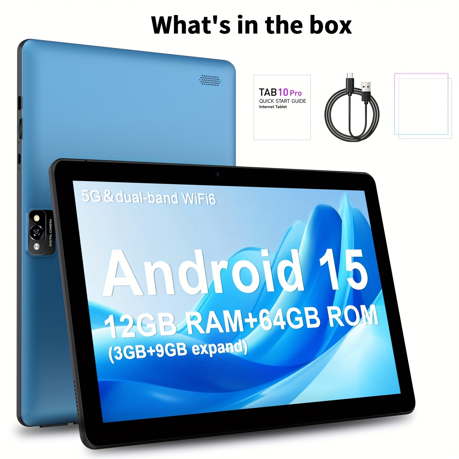Android 2-in-10.1-inch, Equipped with The Latest Android 15 System, 64GB Storage Space, Supports 1TB Expandable Storage, 16GB RAM, 4GB + 12GB Expandable Memory, Comes with Keyboard Cover, Mouse, Stylus, Battery, Dual Front An