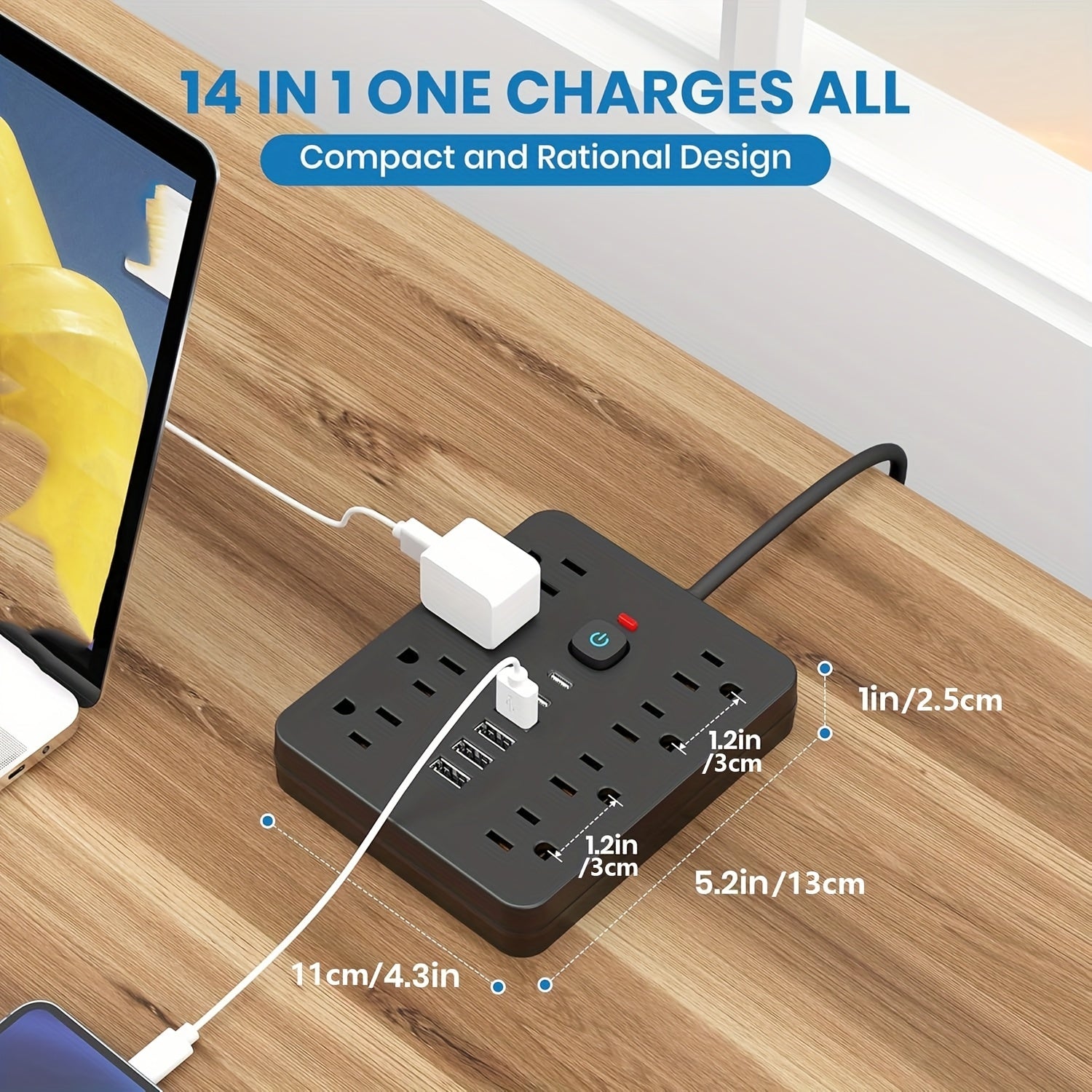 14in 1 Power Strip Surge Protector with 8 Outlets, 4 USB and 2 USB C Ports, Flat Plug, Wall Mount, Overload Protection Desk USB Charging Station for Home, Office
