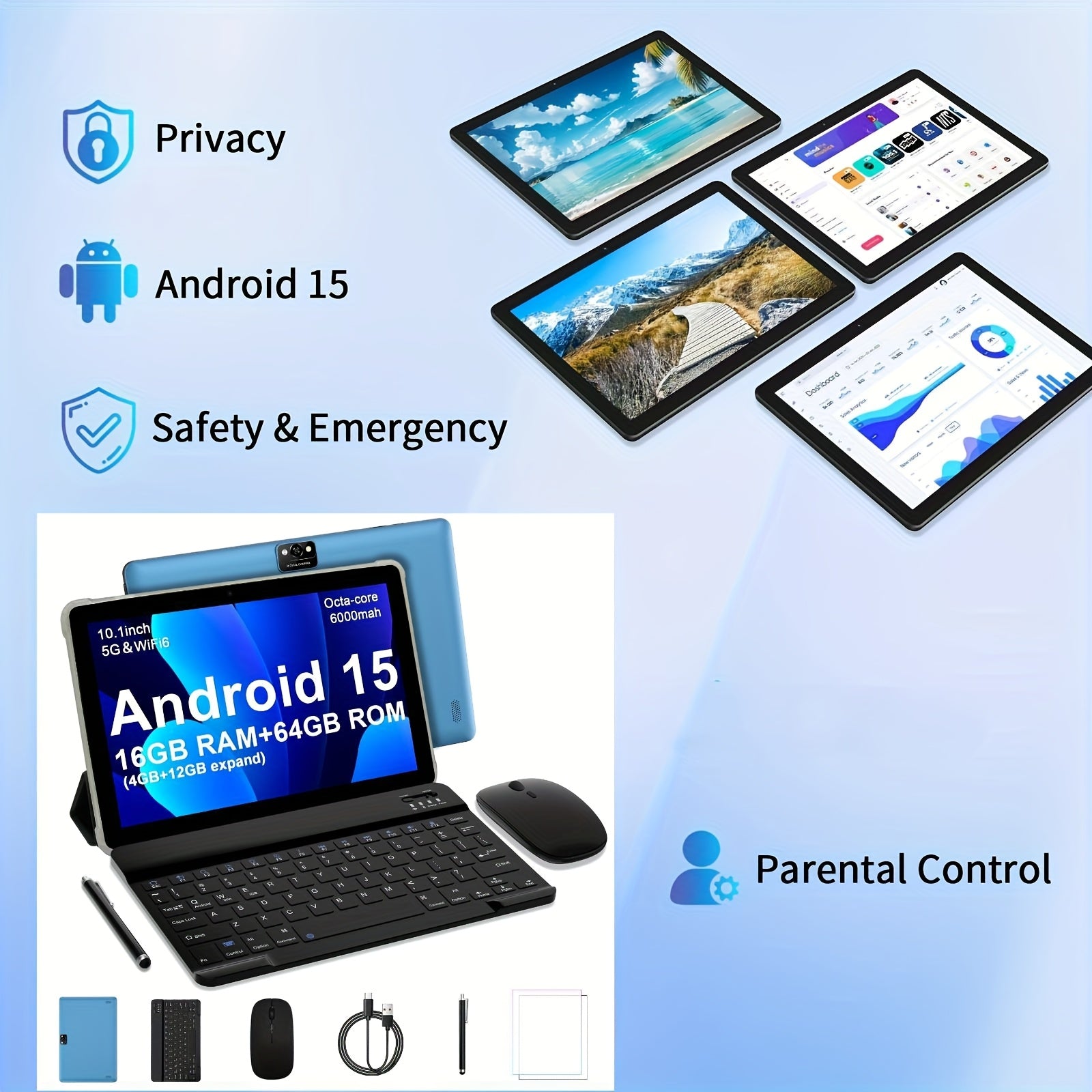 Android 2-in-10.1-inch, Equipped with The Latest Android 15 System, 64GB Storage Space, Supports 1TB Expandable Storage, 16GB RAM, 4GB + 12GB Expandable Memory, Comes with Keyboard Cover, Mouse, Stylus, Battery, Dual Front An