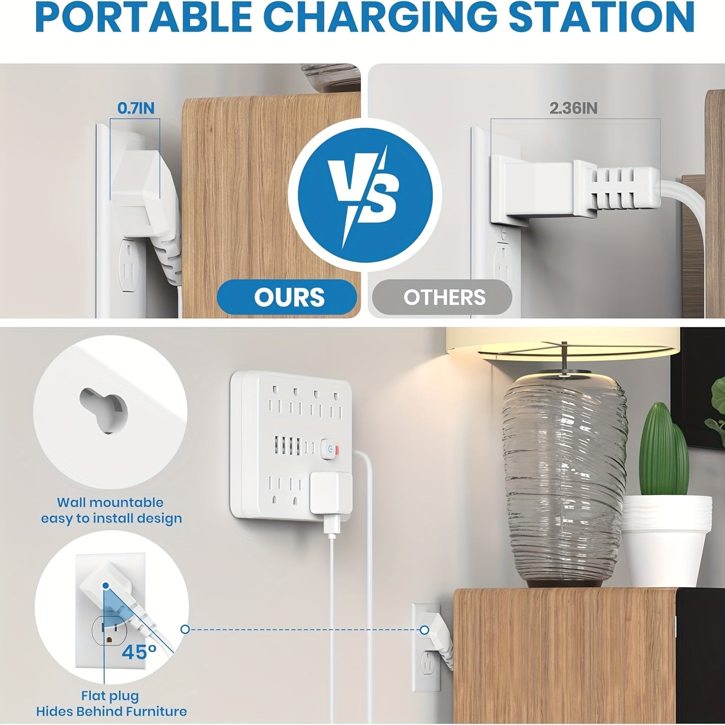 14in 1 Power Strip Surge Protector with 8 Outlets, 4 USB and 2 USB C Ports, Flat Plug, Wall Mount, Overload Protection Desk USB Charging Station for Home, Office
