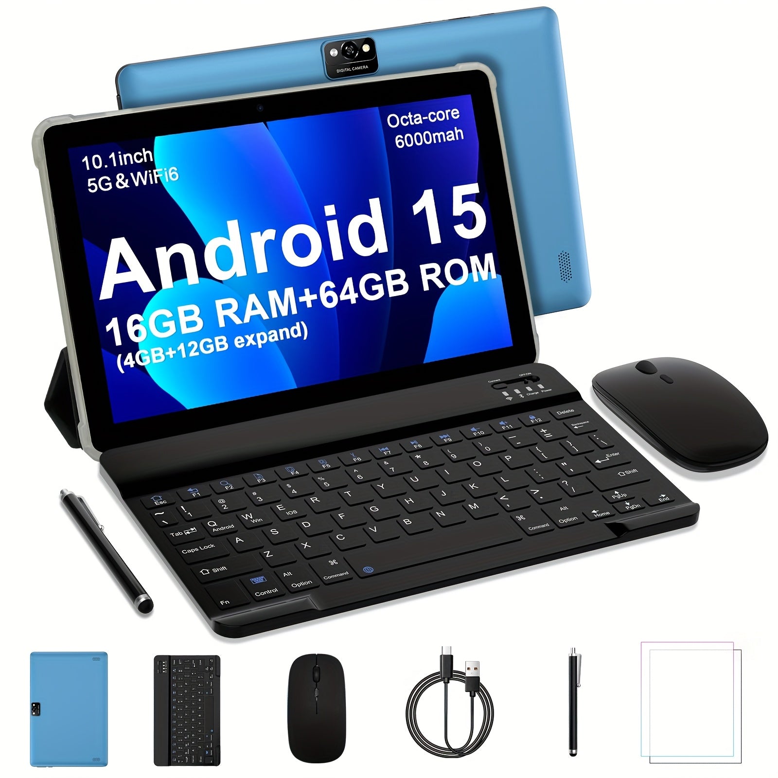 Android 2-in-10.1-inch, Equipped with The Latest Android 15 System, 64GB Storage Space, Supports 1TB Expandable Storage, 16GB RAM, 4GB + 12GB Expandable Memory, Comes with Keyboard Cover, Mouse, Stylus, Battery, Dual Front An