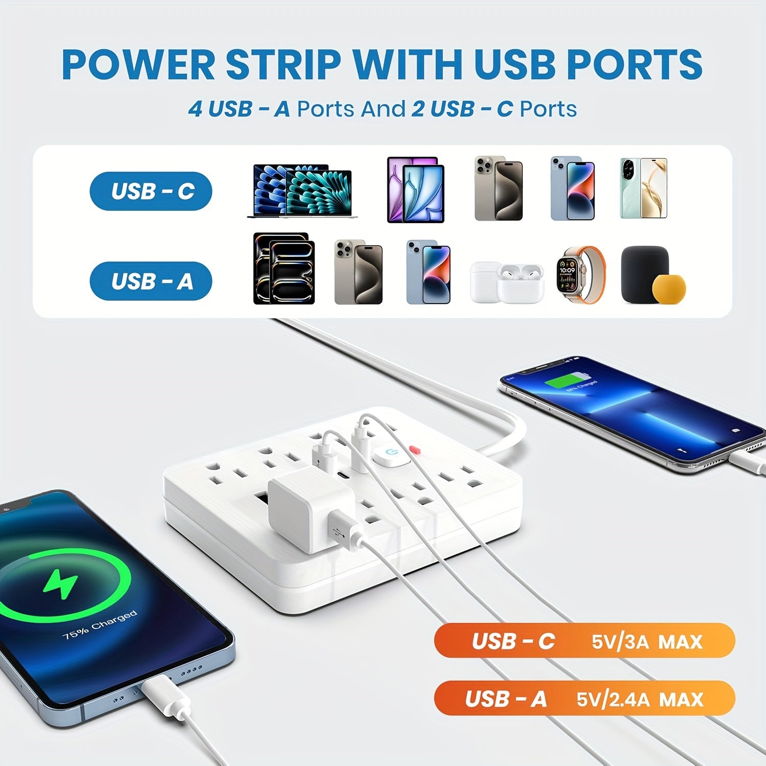 14in 1 Power Strip Surge Protector with 8 Outlets, 4 USB and 2 USB C Ports, Flat Plug, Wall Mount, Overload Protection Desk USB Charging Station for Home, Office