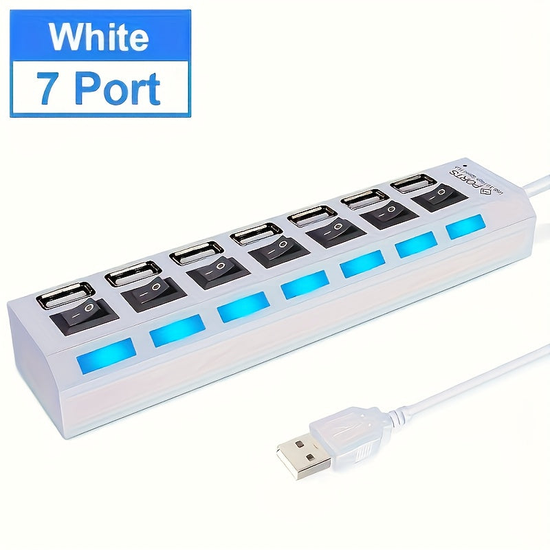 1pc USB 2.0 Hub with Individual On/Off Switches, 7-Port or 4-Port (Selectable), USB-Powered Fast Charging, LED Blue Ports for Desktop, Laptop, Home/Office - No External Power Adapter Needed, Workspace Setup, Modern Tech Acces