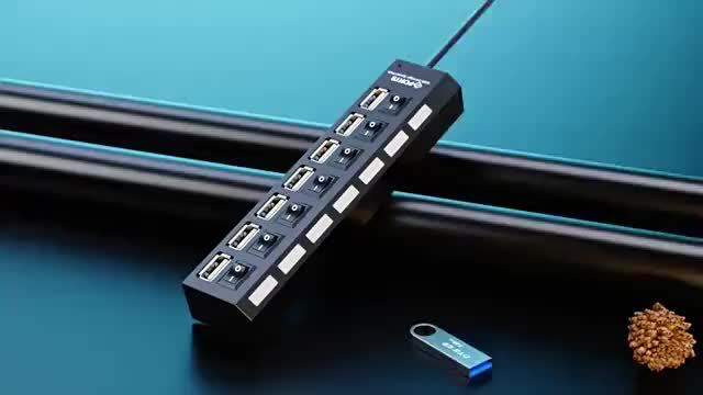 1pc USB 2.0 Hub with Individual On/Off Switches, 7-Port or 4-Port (Selectable), USB-Powered Fast Charging, LED Blue Ports for Desktop, Laptop, Home/Office - No External Power Adapter Needed, Workspace Setup, Modern Tech Acces