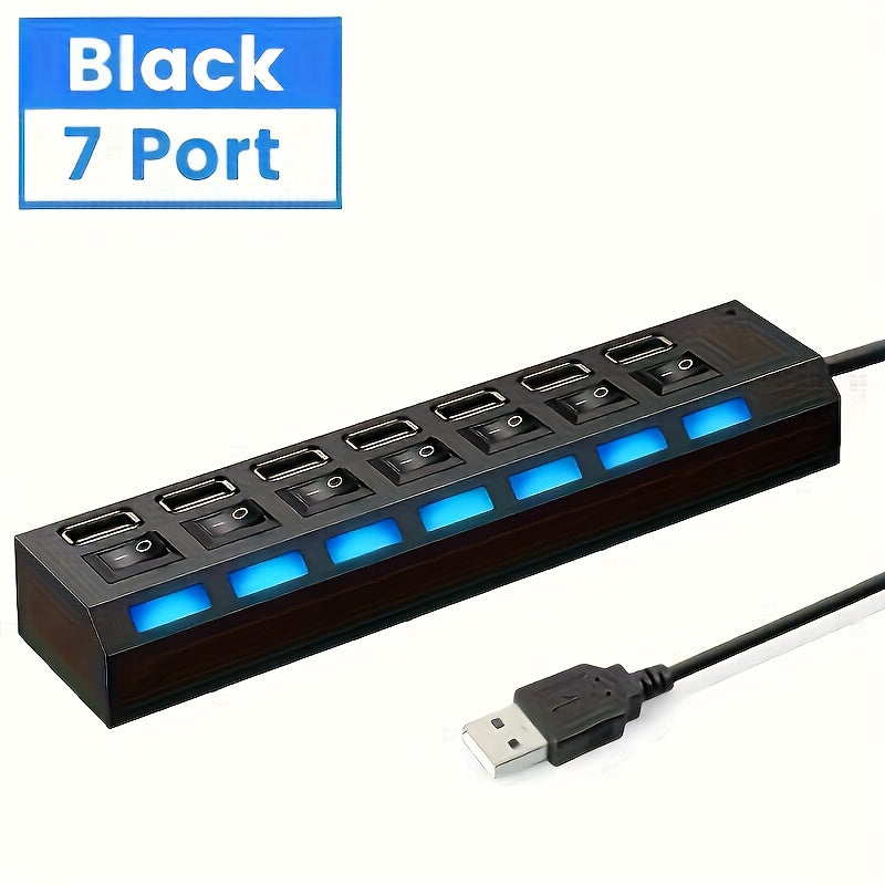 1pc USB 2.0 Hub with Individual On/Off Switches, 7-Port or 4-Port (Selectable), USB-Powered Fast Charging, LED Blue Ports for Desktop, Laptop, Home/Office - No External Power Adapter Needed, Workspace Setup, Modern Tech Acces