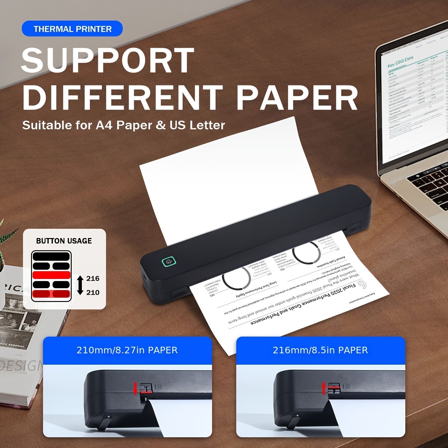 Portable Thermal Printer Inkless Printing Tattoo Paper Printing Suitable for Daily Office Documents Printing School Outing Travel Business Wireless Link Compatible with Mobile Phones Laptops Computers 5 Sheets A4 Portable Pap