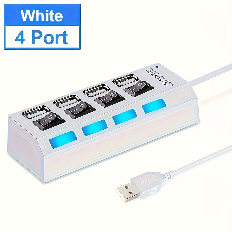 1pc USB 2.0 Hub with Individual On/Off Switches, 7-Port or 4-Port (Selectable), USB-Powered Fast Charging, LED Blue Ports for Desktop, Laptop, Home/Office - No External Power Adapter Needed, Workspace Setup, Modern Tech Acces