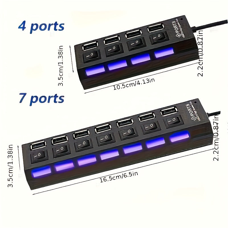 1pc USB 2.0 Hub with Individual On/Off Switches, 7-Port or 4-Port (Selectable), USB-Powered Fast Charging, LED Blue Ports for Desktop, Laptop, Home/Office - No External Power Adapter Needed, Workspace Setup, Modern Tech Acces