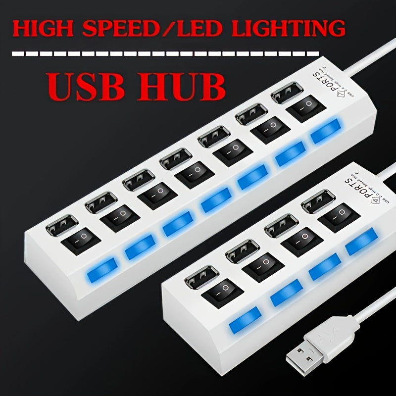 1pc USB 2.0 Hub with Individual On/Off Switches, 7-Port or 4-Port (Selectable), USB-Powered Fast Charging, LED Blue Ports for Desktop, Laptop, Home/Office - No External Power Adapter Needed, Workspace Setup, Modern Tech Acces