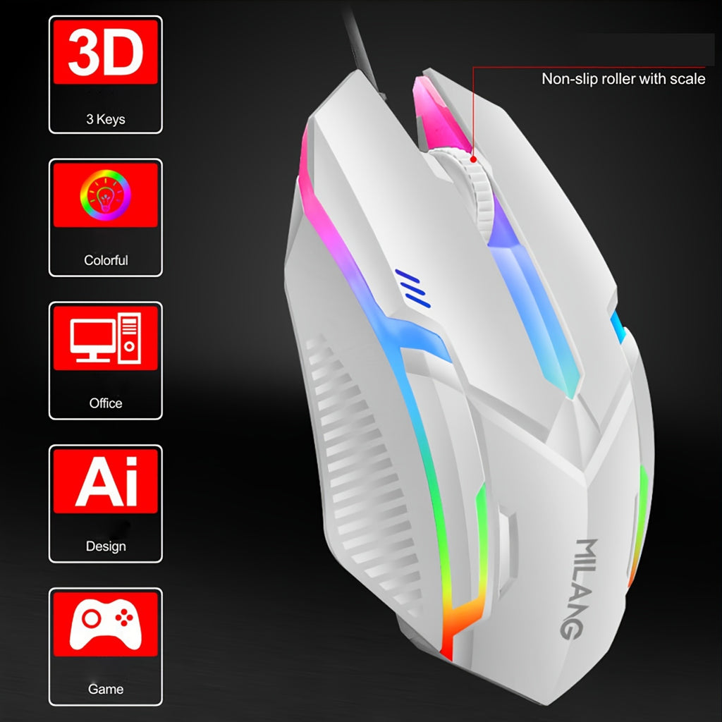 1pc MILANG Wired Gaming Mouse, RGB Backlit, Ergonomic Design, 3D Non-Slip Roller with Scale, Comfortable Plastic Material, USB Interface, for Desktop & Laptop, Office & Game Use