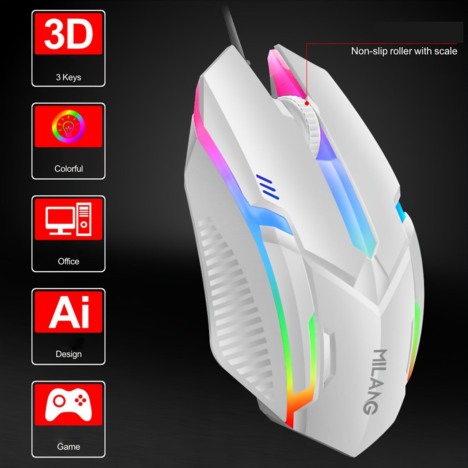 1pc MILANG Wired Gaming Mouse, RGB Backlit, Ergonomic Design, 3D Non-Slip Roller with Scale, Comfortable Plastic Material, USB Interface, for Desktop & Laptop, Office & Game Use