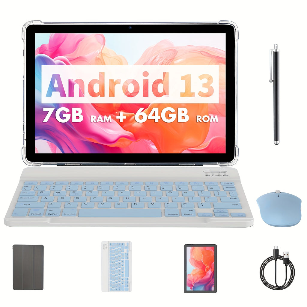 ROENLLCE 10.1" Tablet with Android 13 OS, Keyboard, Mouse, Case, Stylus, 7GB RAM + 64GB ROM, Dual 2MP Front & 8MP Rear Cameras, 1280x800 IPS HD Display, 2-in-1 Laptop Mode, Tablet, Pad