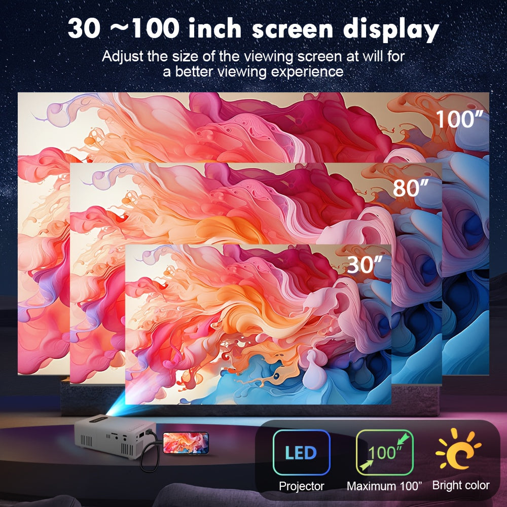 Mini Portable Projector, Movie Projector, Smart Projector, Ideal for Smartphones/Tablets/Laptops/TVs/USBs - Includes Remote Control, Suitable for Home Theater