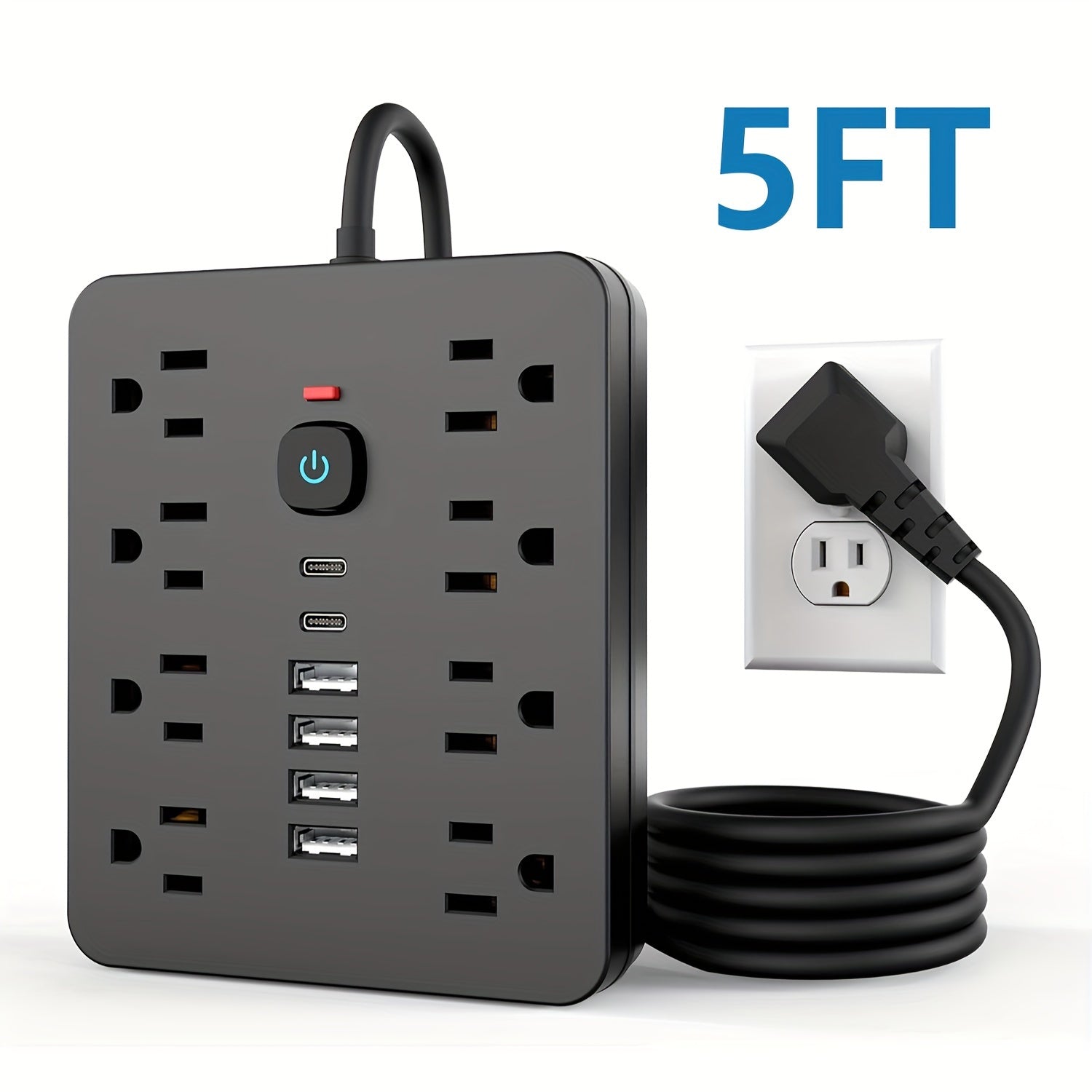 14in 1 Power Strip Surge Protector with 8 Outlets, 4 USB and 2 USB C Ports, Flat Plug, Wall Mount, Overload Protection Desk USB Charging Station for Home, Office