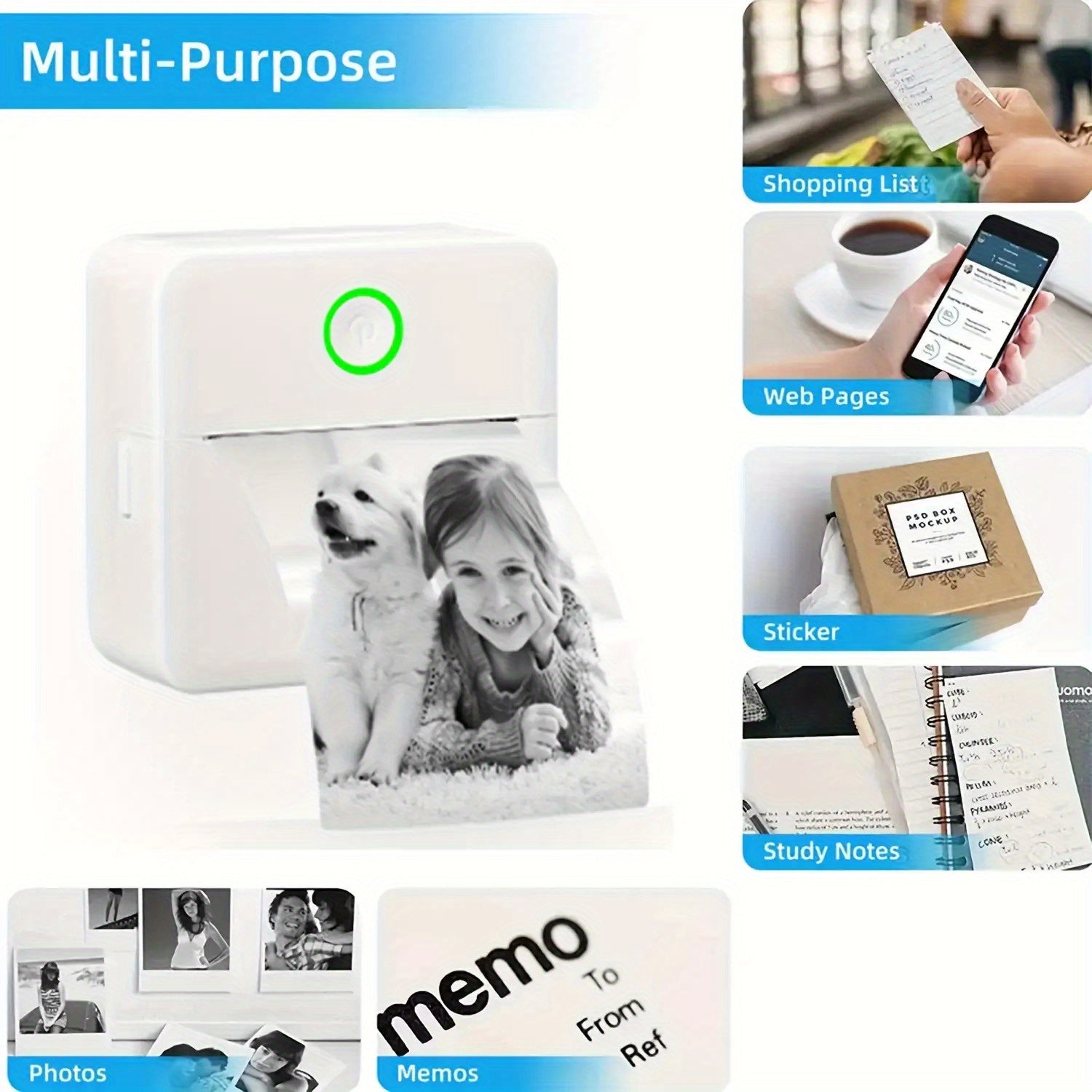 Portable Thermal Wireless Printer with 5 Rolls of Paper & 5 Stickers - USB Rechargeable, Compact Design for Office, Home, and Travel Use, Mini Printer For Small Busines, Mini Printer For Small Shop, Portable Printer, Label Pr