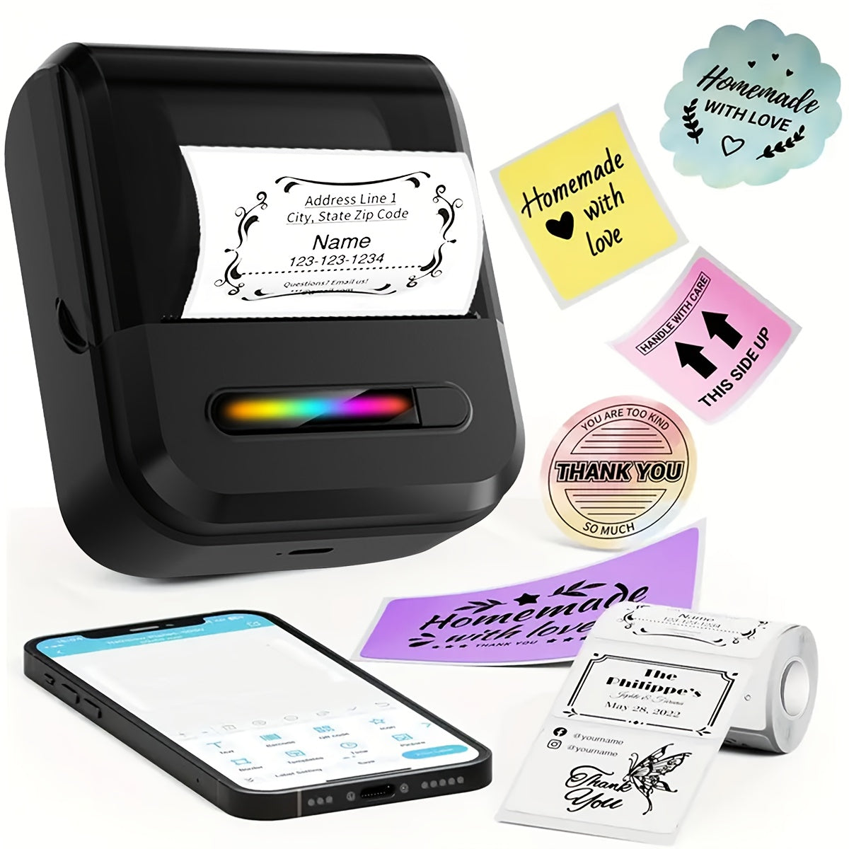 lefuxin Portable Wireless Thermal Printer - USB- Wireless Label Printer with / Compatible App, Instant Receipts & Barcode/Name Tags for Small Business, Home, Office - Compact Monochrome Printer (Smartphone-Pairable, USB, Ther