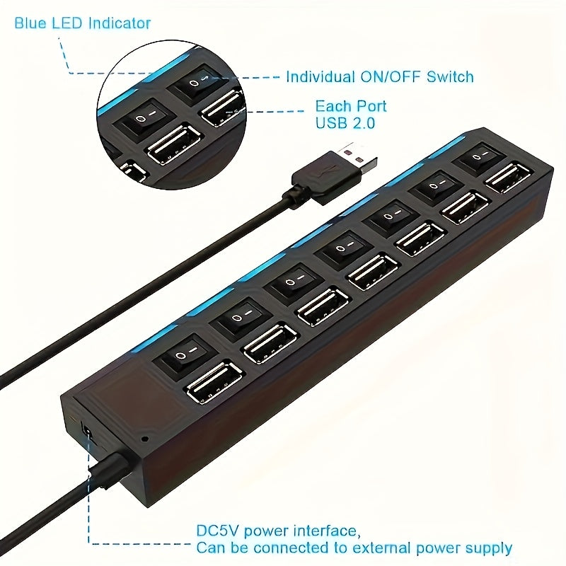 1pc USB 2.0 Hub with Individual On/Off Switches, 7-Port or 4-Port (Selectable), USB-Powered Fast Charging, LED Blue Ports for Desktop, Laptop, Home/Office - No External Power Adapter Needed, Workspace Setup, Modern Tech Acces