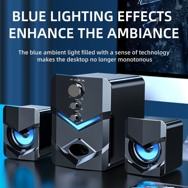 High-Quality 2.1 Stereo Desktop Speaker with LED Ambient Lighting - USB Powered, 3.5mm Audio Jack, Wired Connection for PC, Laptop, Tablet, Gaming Console & MP3/MP4 Devices, Modern Design with Accents, Portable Speaker,  Slee