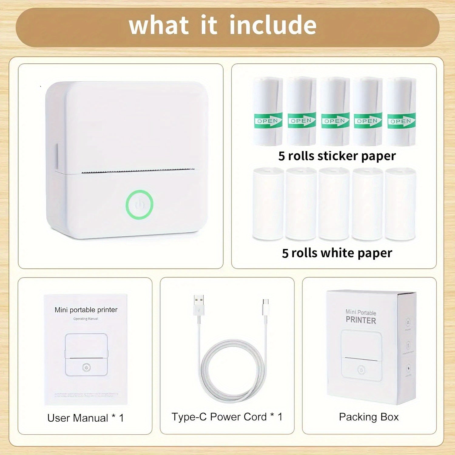 Portable Thermal Wireless Printer with 5 Rolls of Paper & 5 Stickers - USB Rechargeable, Compact Design for Office, Home, and Travel Use, Mini Printer For Small Busines, Mini Printer For Small Shop, Portable Printer, Label Pr