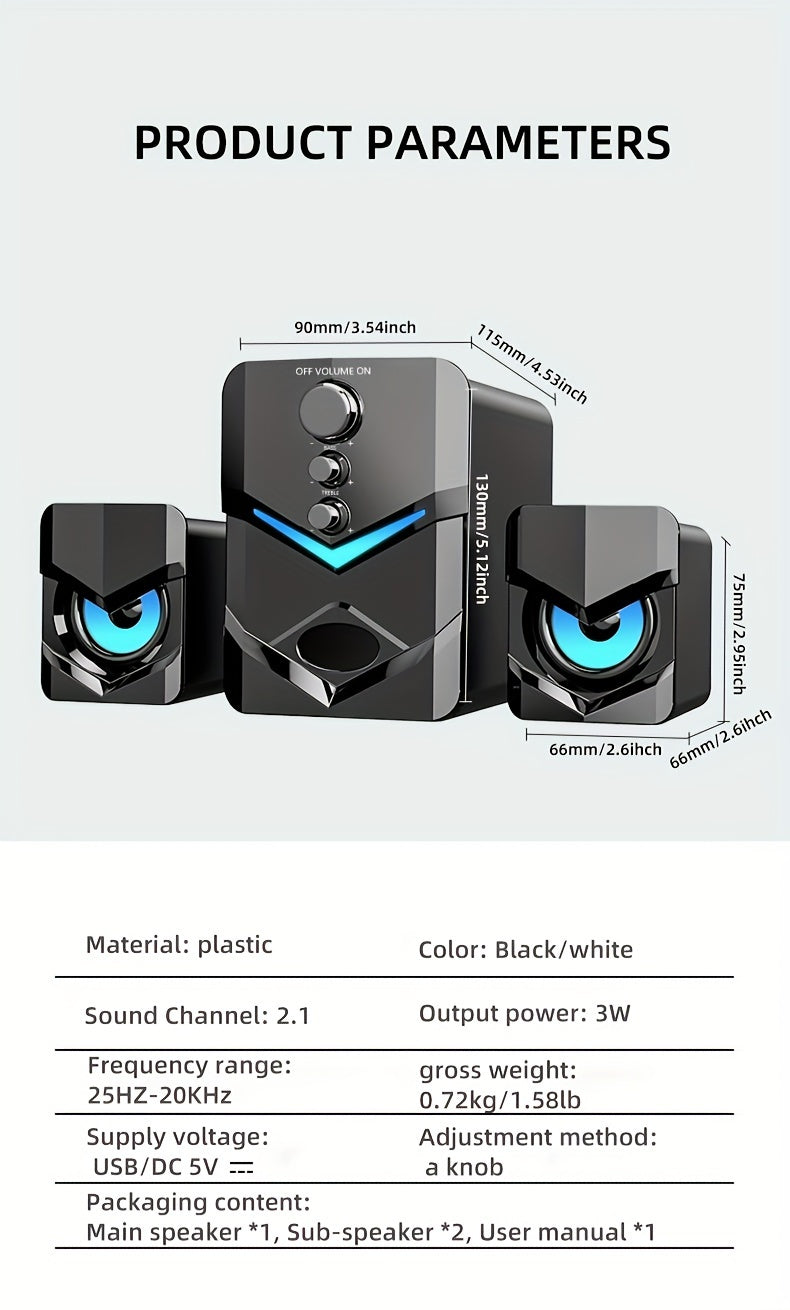 High-Quality 2.1 Stereo Desktop Speaker with LED Ambient Lighting - USB Powered, 3.5mm Audio Jack, Wired Connection for PC, Laptop, Tablet, Gaming Console & MP3/MP4 Devices, Modern Design with Accents, Portable Speaker,  Slee