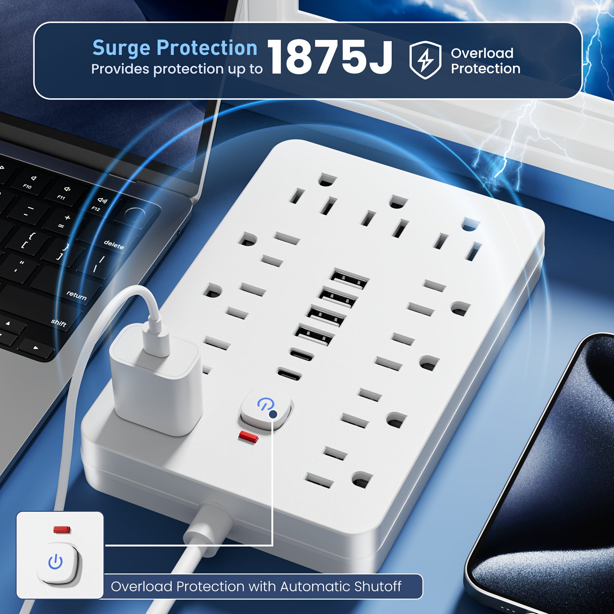 17-in-1/14-in-1 Power Outlet, 152.4cm Cord, 11/8 Sockets, 4 USB + 2 USB-C Ports, Flat Plug, Wall Mountable, Overload Protection, Essential for Home Office
