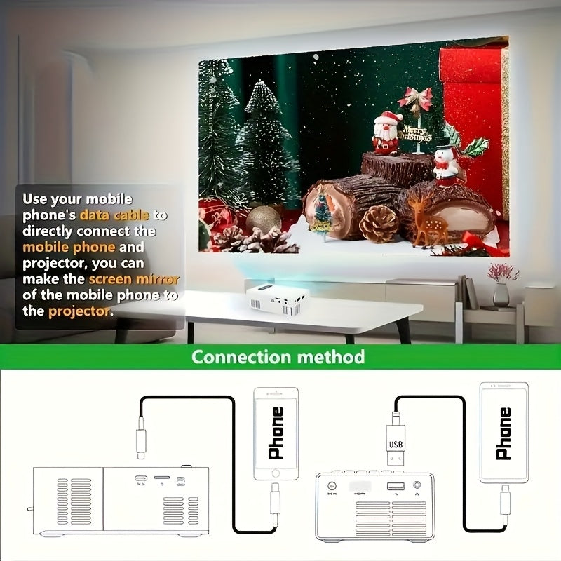 Mini Portable Projector, Movie Projector, Smart Projector, Ideal for Smartphones/Tablets/Laptops/TVs/USBs - Includes Remote Control, Suitable for Home Theater