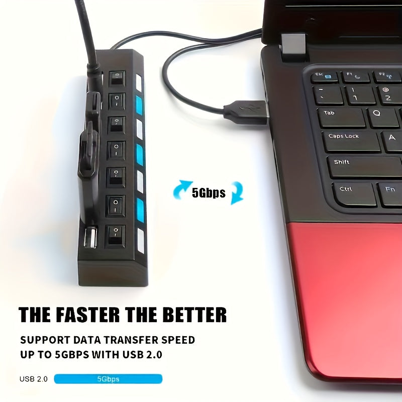 1pc USB 2.0 Hub with Individual On/Off Switches, 7-Port or 4-Port (Selectable), USB-Powered Fast Charging, LED Blue Ports for Desktop, Laptop, Home/Office - No External Power Adapter Needed, Workspace Setup, Modern Tech Acces
