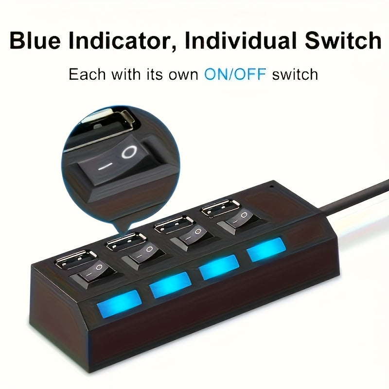 1pc USB 2.0 Hub with Individual On/Off Switches, 7-Port or 4-Port (Selectable), USB-Powered Fast Charging, LED Blue Ports for Desktop, Laptop, Home/Office - No External Power Adapter Needed, Workspace Setup, Modern Tech Acces