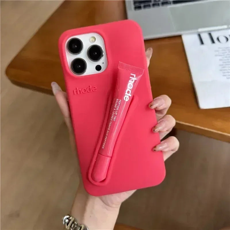 9 Colour Lipstick Holder Silicone Case for iPhone 16E 16 15 14 13 12 11 Pro Max Plus Lip Gloss Portable Stand Cover Funda