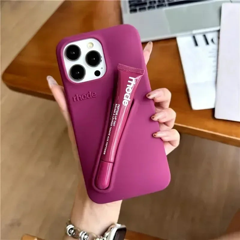9 Colour Lipstick Holder Silicone Case for iPhone 16E 16 15 14 13 12 11 Pro Max Plus Lip Gloss Portable Stand Cover Funda