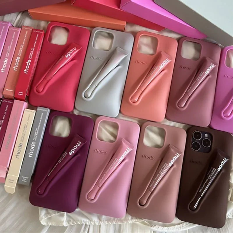9 Colour Lipstick Holder Silicone Case for iPhone 16E 16 15 14 13 12 11 Pro Max Plus Lip Gloss Portable Stand Cover Funda