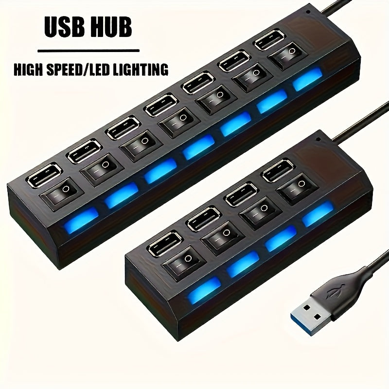 1pc USB 2.0 Hub with Individual On/Off Switches, 7-Port or 4-Port (Selectable), USB-Powered Fast Charging, LED Blue Ports for Desktop, Laptop, Home/Office - No External Power Adapter Needed, Workspace Setup, Modern Tech Acces