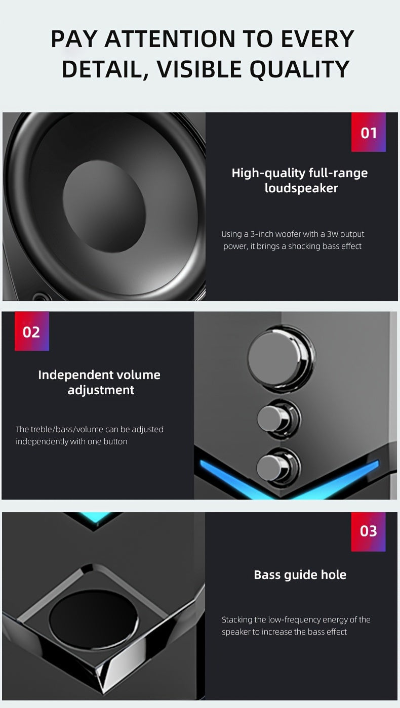 High-Quality 2.1 Stereo Desktop Speaker with LED Ambient Lighting - USB Powered, 3.5mm Audio Jack, Wired Connection for PC, Laptop, Tablet, Gaming Console & MP3/MP4 Devices, Modern Design with Accents, Portable Speaker,  Slee