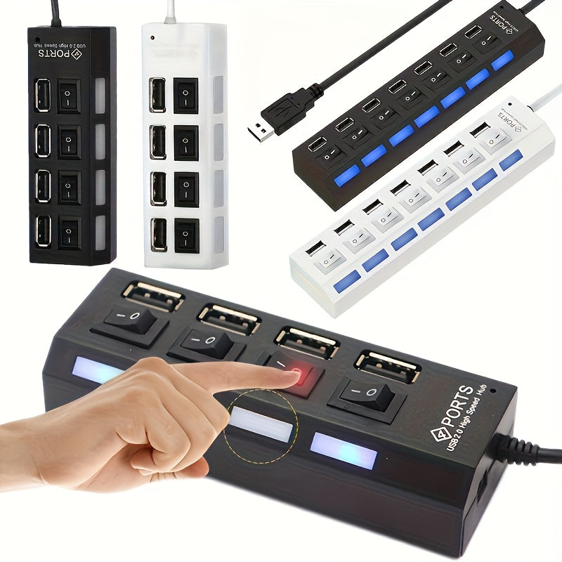 1pc USB 2.0 Hub with Individual On/Off Switches, 7-Port or 4-Port (Selectable), USB-Powered Fast Charging, LED Blue Ports for Desktop, Laptop, Home/Office - No External Power Adapter Needed, Workspace Setup, Modern Tech Acces