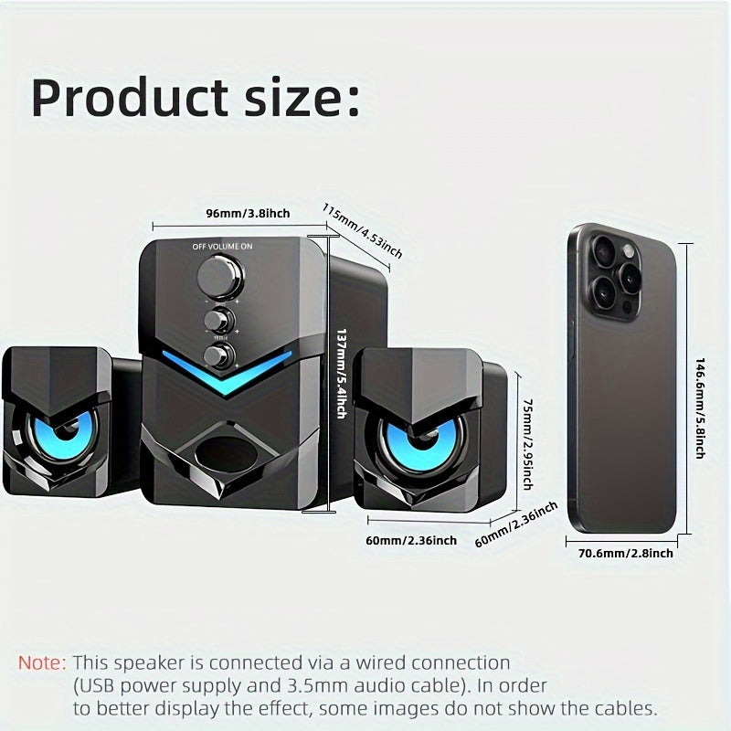 High-Quality 2.1 Stereo Desktop Speaker with LED Ambient Lighting - USB Powered, 3.5mm Audio Jack, Wired Connection for PC, Laptop, Tablet, Gaming Console & MP3/MP4 Devices, Modern Design with Accents, Portable Speaker,  Slee
