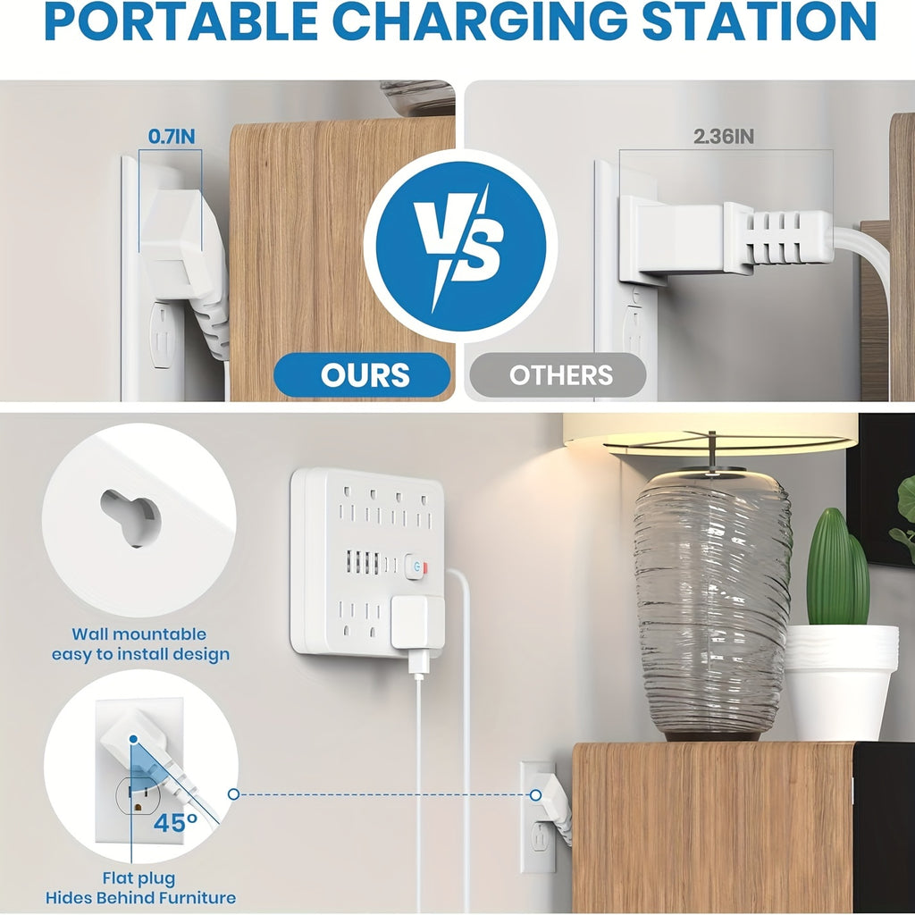 14in 1 Power Strip Surge Protector with 8 Outlets, 4 USB and 2 USB C Ports, Flat Plug, Wall Mount, Overload Protection Desk USB Charging Station for Home, Office