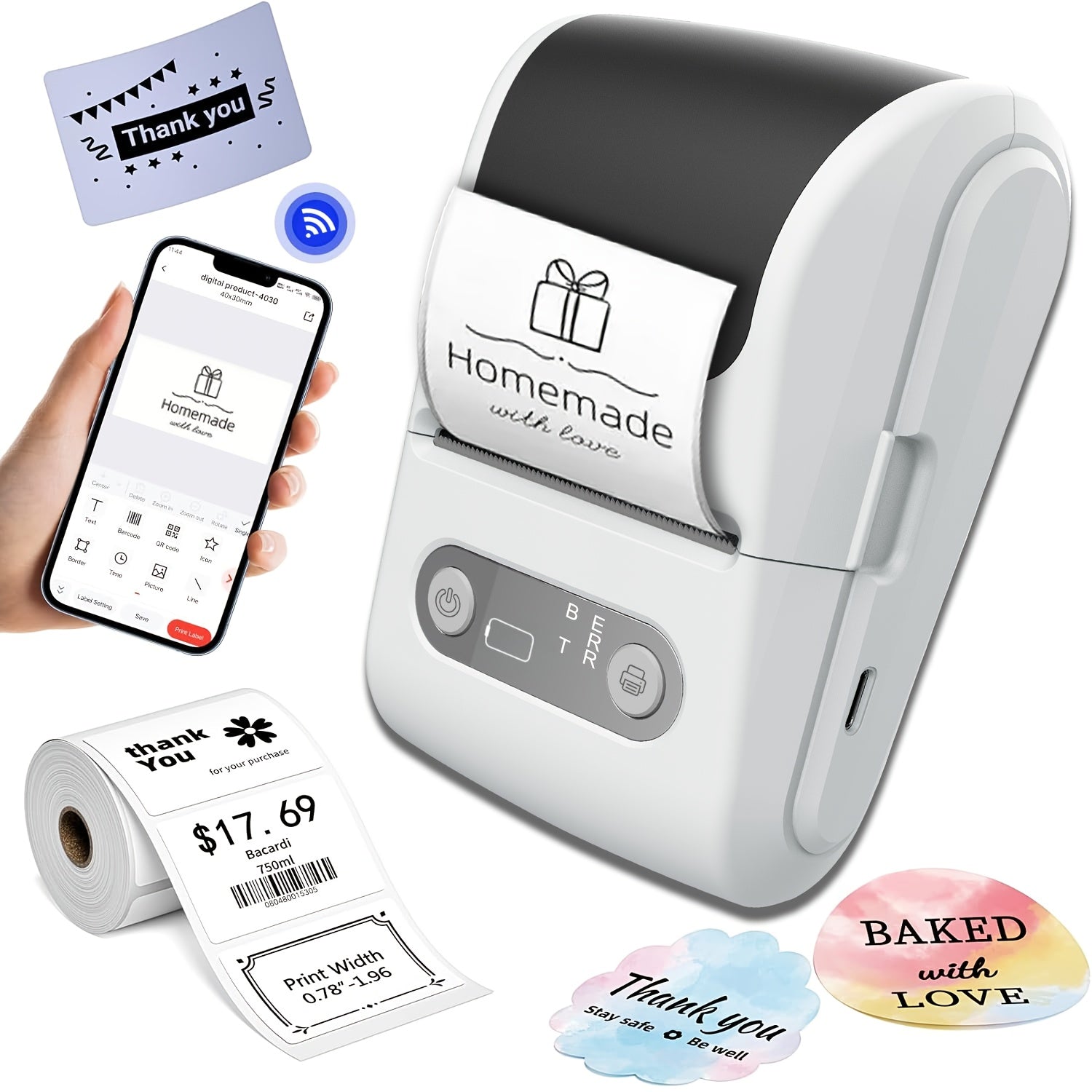 Portable Wireless Thermal Label Printer, Suitable for Barcodes, Documents, Product Information, Price Tags, Shipping Labels, Compatible with iOS and Android Systems, Includes 1 Roll of 50x60mm Label Paper, Rechargeable Batter