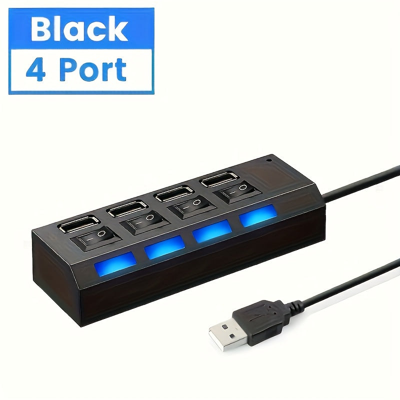 1pc USB 2.0 Hub with Individual On/Off Switches, 7-Port or 4-Port (Selectable), USB-Powered Fast Charging, LED Blue Ports for Desktop, Laptop, Home/Office - No External Power Adapter Needed, Workspace Setup, Modern Tech Acces