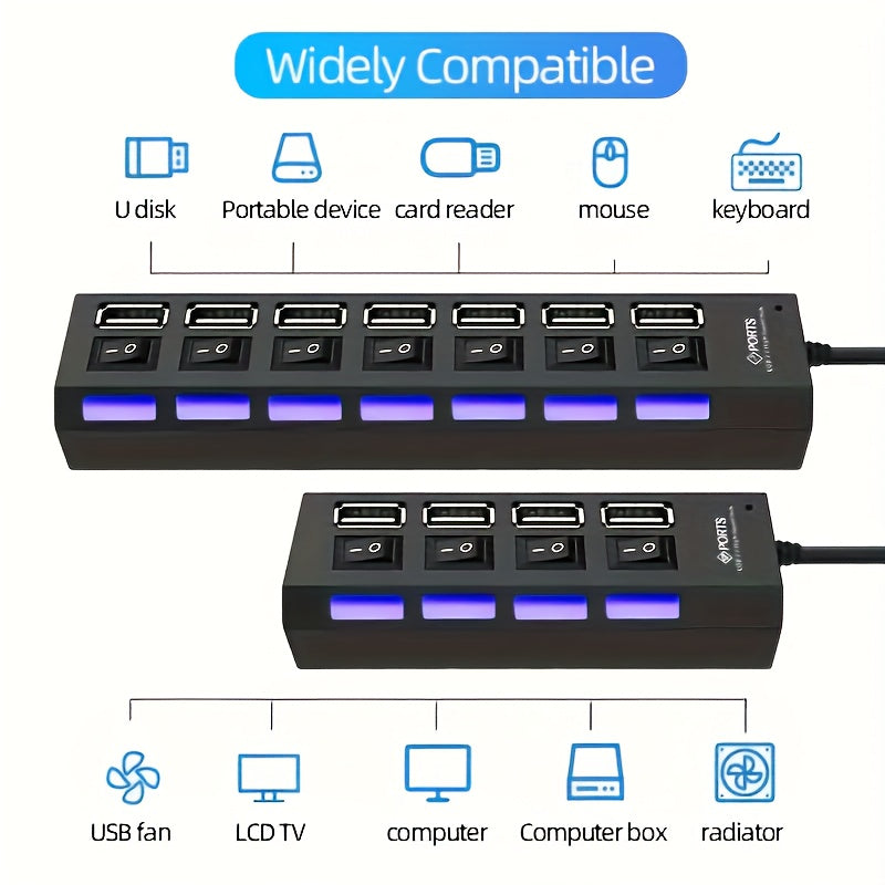 1pc USB 2.0 Hub with Individual On/Off Switches, 7-Port or 4-Port (Selectable), USB-Powered Fast Charging, LED Blue Ports for Desktop, Laptop, Home/Office - No External Power Adapter Needed, Workspace Setup, Modern Tech Acces