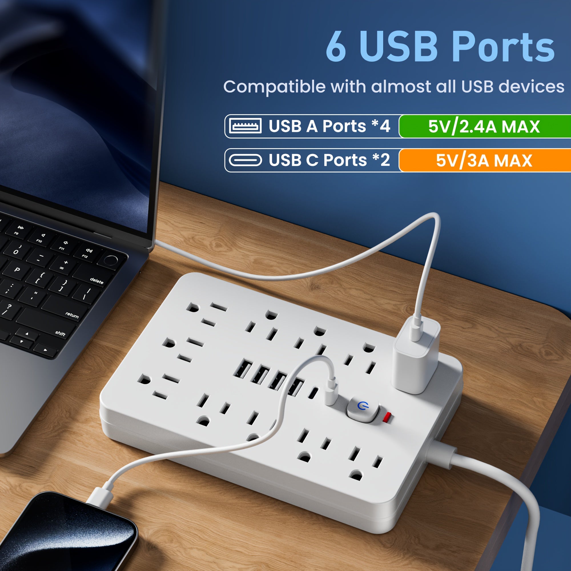 17-in-1/14-in-1 Power Outlet, 152.4cm Cord, 11/8 Sockets, 4 USB + 2 USB-C Ports, Flat Plug, Wall Mountable, Overload Protection, Essential for Home Office