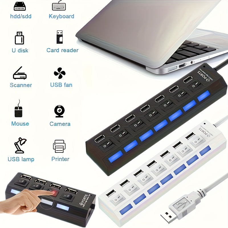 1pc USB 2.0 Hub with Individual On/Off Switches, 7-Port or 4-Port (Selectable), USB-Powered Fast Charging, LED Blue Ports for Desktop, Laptop, Home/Office - No External Power Adapter Needed, Workspace Setup, Modern Tech Acces