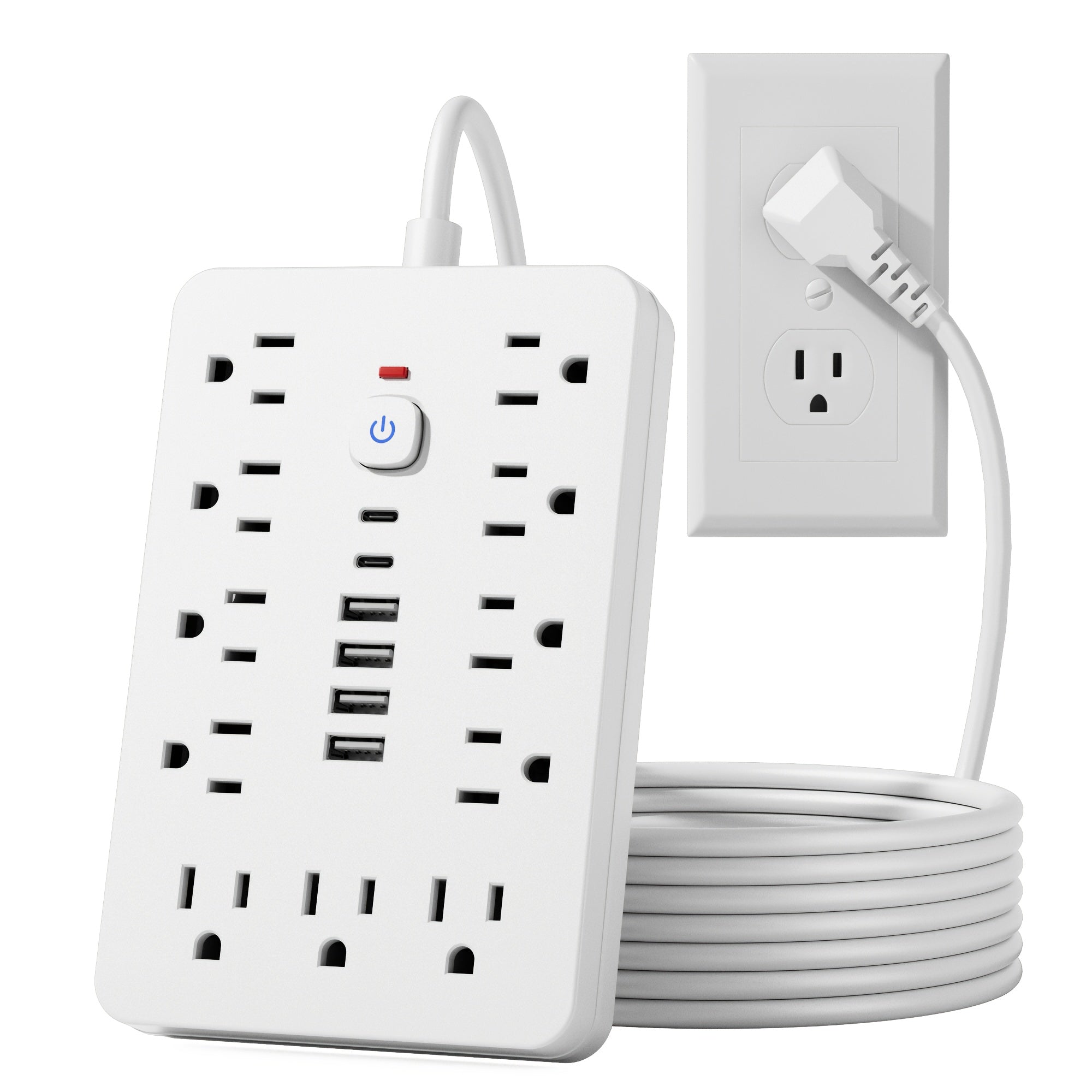 17-in-1/14-in-1 Power Outlet, 152.4cm Cord, 11/8 Sockets, 4 USB + 2 USB-C Ports, Flat Plug, Wall Mountable, Overload Protection, Essential for Home Office