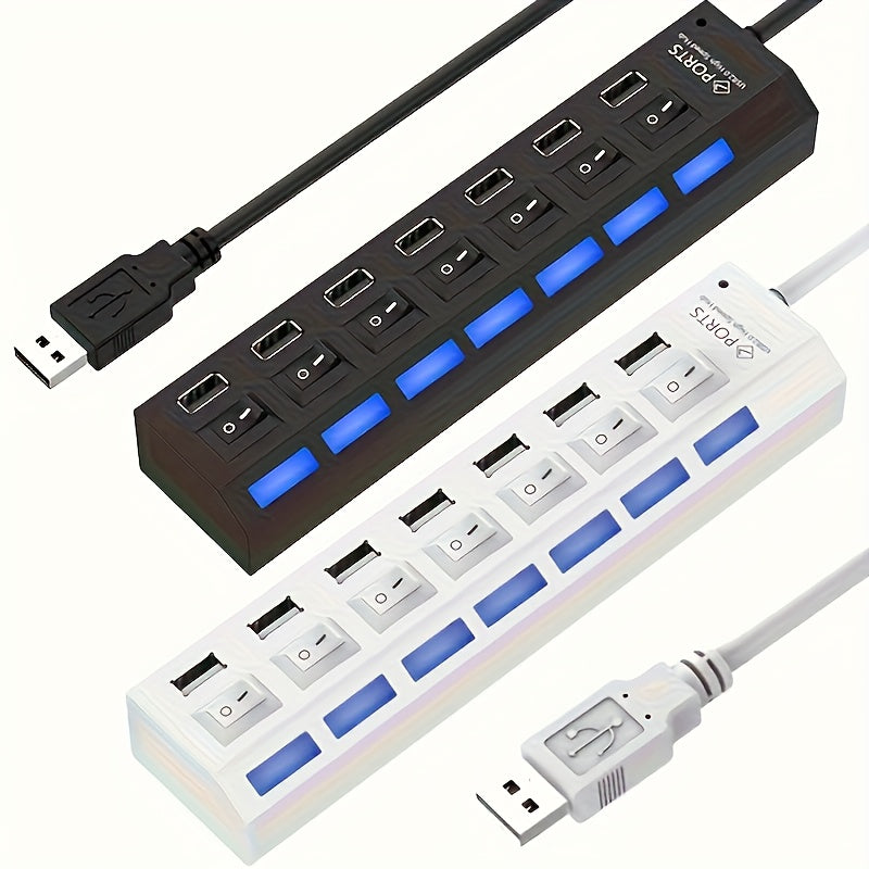 1pc USB 2.0 Hub with Individual On/Off Switches, 7-Port or 4-Port (Selectable), USB-Powered Fast Charging, LED Blue Ports for Desktop, Laptop, Home/Office - No External Power Adapter Needed, Workspace Setup, Modern Tech Acces